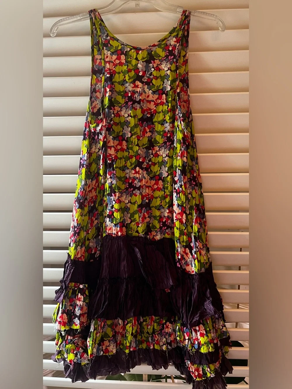 Free People Floral Ruffle Tiered Mini Dress in Purple and Green Multi